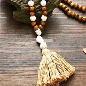 Boho Round Stones & Wood Beads Necklace Handmade